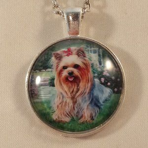 Silver Yorkshire Terrier Dog Yorkie Cabochon Pendant Chain Necklace Pet Gift
